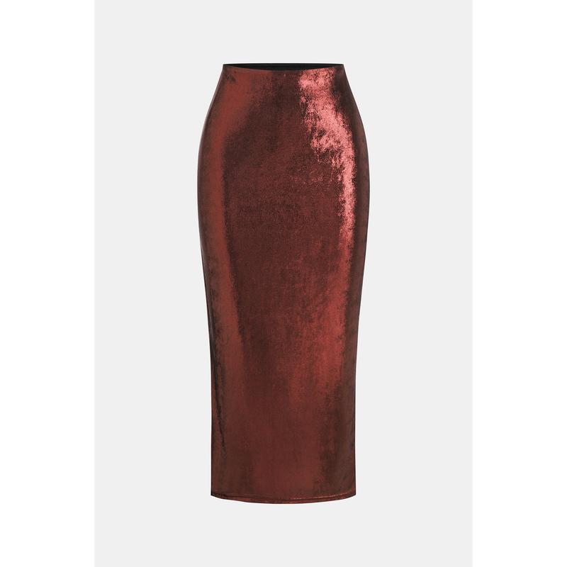 Women's Red Wine Satin High Waisted Side Slit Maxi Skirts D-C