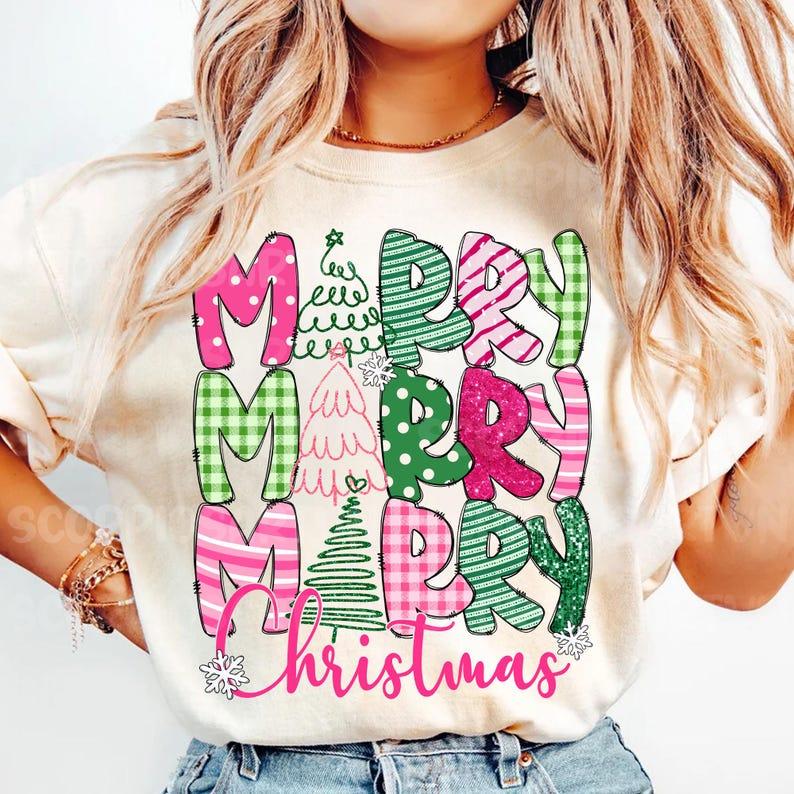 Merry Christmas Shirt, Christmas, Pink Christmas, Christmas Coquette Bow, Merry and Bright, Crewneck, Graphic Tee, Cotton