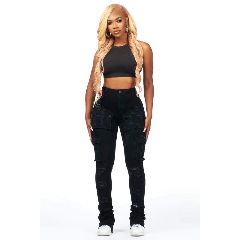 Noor Black Cargo Super Stacked Jean