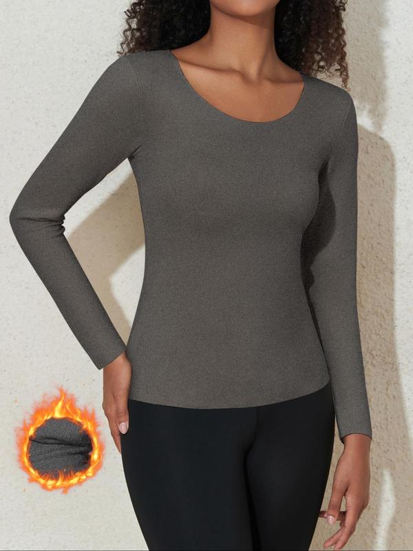 Women's Solid Long Sleeve Thermal Underwear Top, Casual Comfy Warm Sports Top for Fall & Winter, Ladies Sportswear for Daily Wear