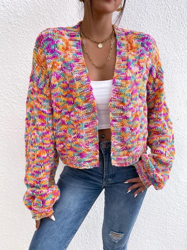 Women's All Over Print Drop Shoulder Knitting Crop Cardigan, Cute Comfort Long Sleeve Open Front Knitwear, Cardigan for Women, Lady Knit Clothing for Daily Wear, Womenswear, Fall Sweaters, Fall Clothes 2024