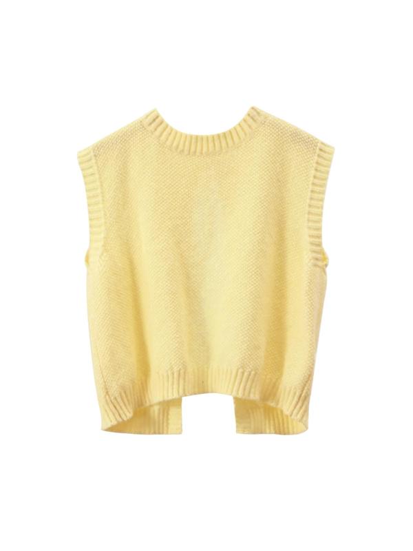 Women's Solid Split Tie Back Sweater Vest, Y2k Cardigan for Women, Casual Round Neck Sleeveless Knit Top for Spring & Fall, Fashion Women's Knitwear for Daily Wear, Fall Outfits, Fallfreshness, Fall Outfits