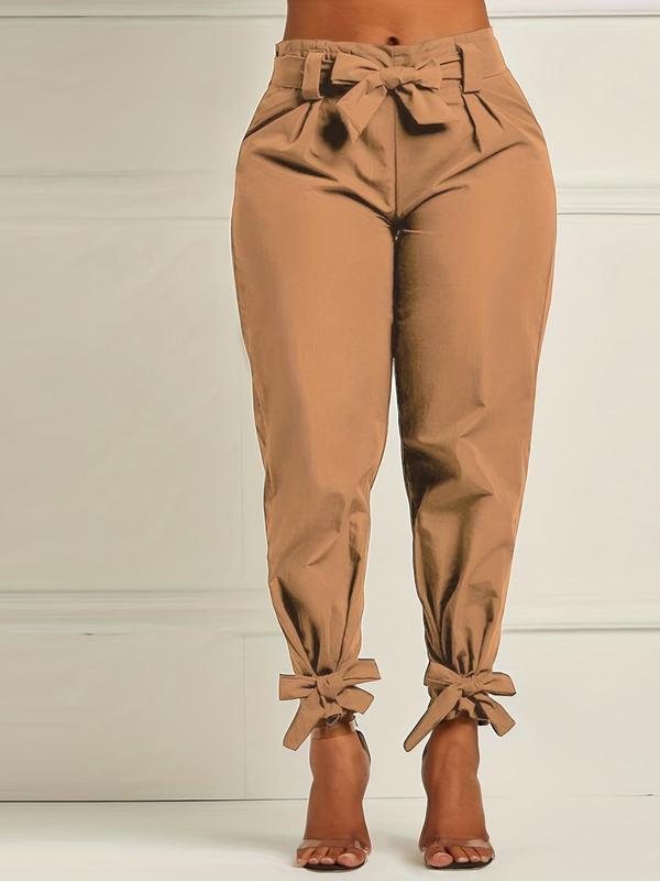 Women's Solid Color Belted Tie Front Carrot Pants, Casual Elastic Waist Trousers for Fall & Winter, Women's Bottoms for Daily Wear