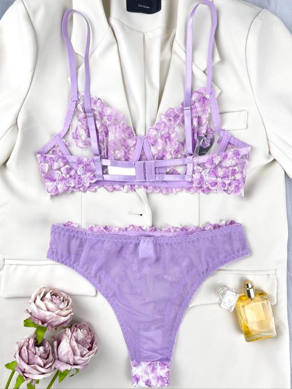 Women's Floral Embroidery Sheer Tulle Lingerie Set, Sexy Comfort Push Up Bra & Thong Panty for Daily Wear, Women's Sexy Lingerie Set