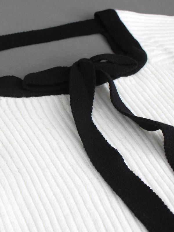 Women's Bow Front Contrast Binding Sweater, Casual Textured Flounce Sleeve Square Neck Jumper for Spring & Fall, Sweaters for Women, Ladies Knitwear for Dating Daily Wear