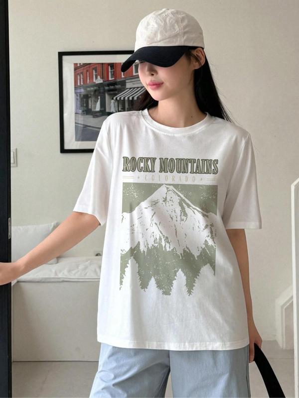 Women's Landscape Print Drop Shoulder Tee, Casual Half Sleeve Round Neck T-shirt for Daily Wear, Ladies Clothes for All Seasons