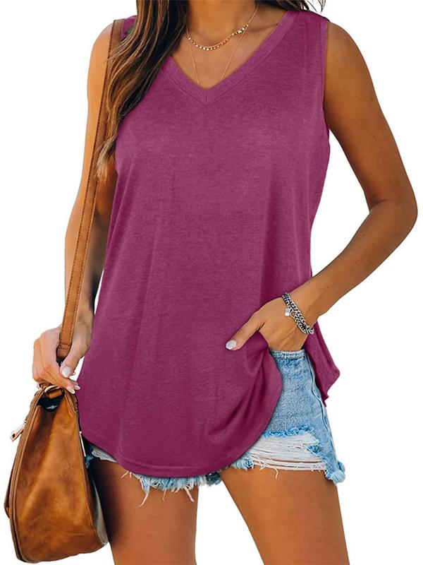 Women's Plain V Neck Curved Hem Tank Top, Casual Basic Sleeveless T Shirts, Tank Tops for Women, Ladies Summer Clothes for Daily Wear