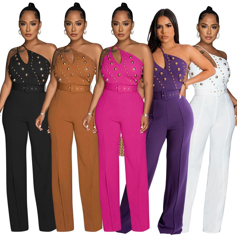European and American Fashion Solid Color Jumpsuit Slim Shoulder Wide Leg Pants for Women