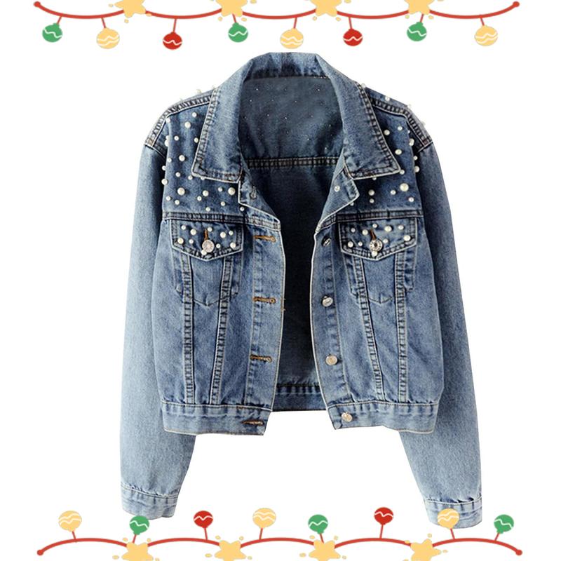 Hixiaohe Women's Fashion Loose Embroidered Pearls Beading Cropped Denim Jacket Jean Coat