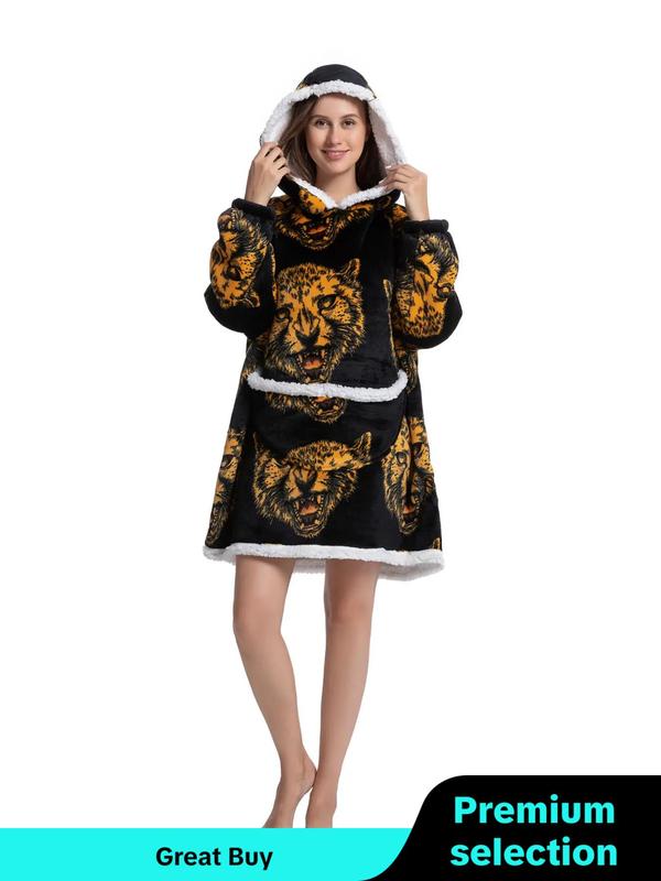  Women's Cow Print Plush Hooded Robe, Cute Pocket Long Sleeve Warm Hooded Pullover Robe, Ladies' TV Blanket Cold-proof Home Clothing Loungewear