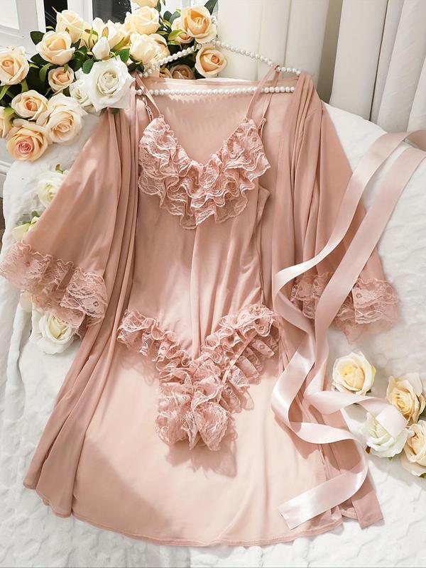 Two-Piece Set Women's Contrast Lace Belted Robe & Cami Nightdress, Long Sleeve Open Front Outerwear & Nightgown, Ladies Sleepwear for All Seasons