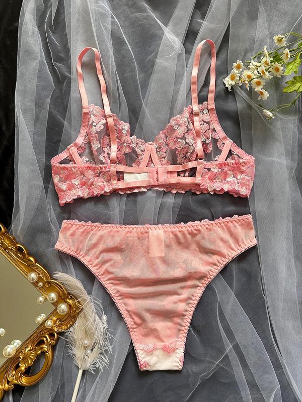 Women's Floral Embroidery Sheer Tulle Lingerie Set, Sexy Comfort Push Up Bra & Thong Panty for Daily Wear, Women's Sexy Lingerie Set