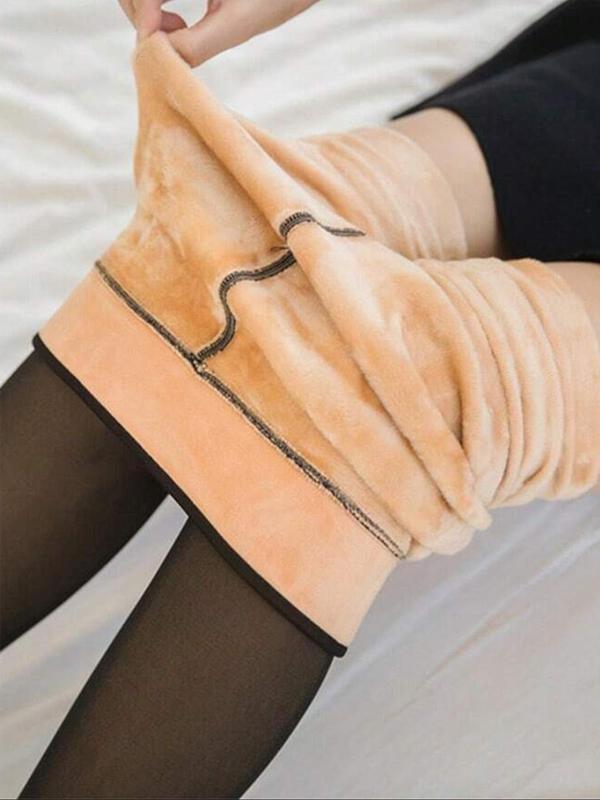 Women's Solid Color Basic Thermal Lined Tights, Casual Comfy High Stretch Warm Pantyhose for Daily Wear, Ladies Tights for Fall & Winter