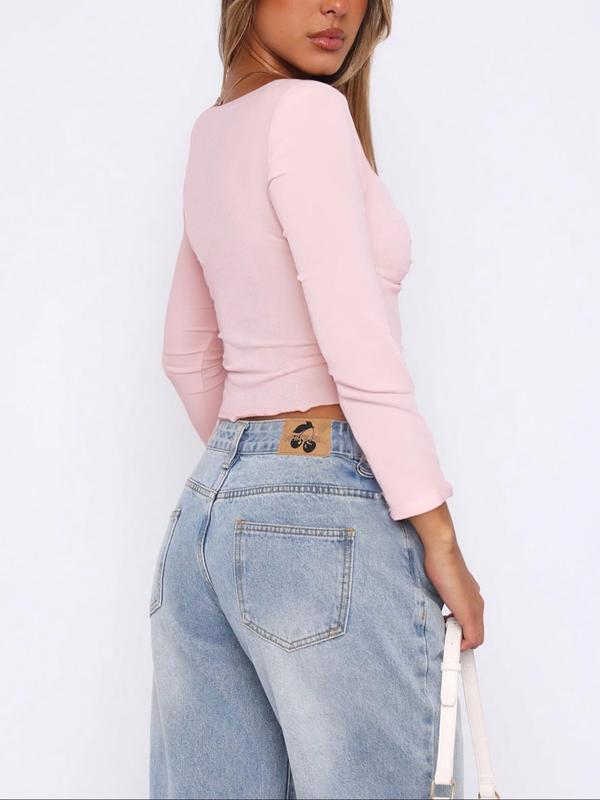 Women's Plain Twist Front Lettuce Trim Crop Tee, Casual Long Sleeve Sweetheart Neck T-Shirt for Women for Daily Wear, Ladies Clothes for All Seasons, Downtown Girl Clothes