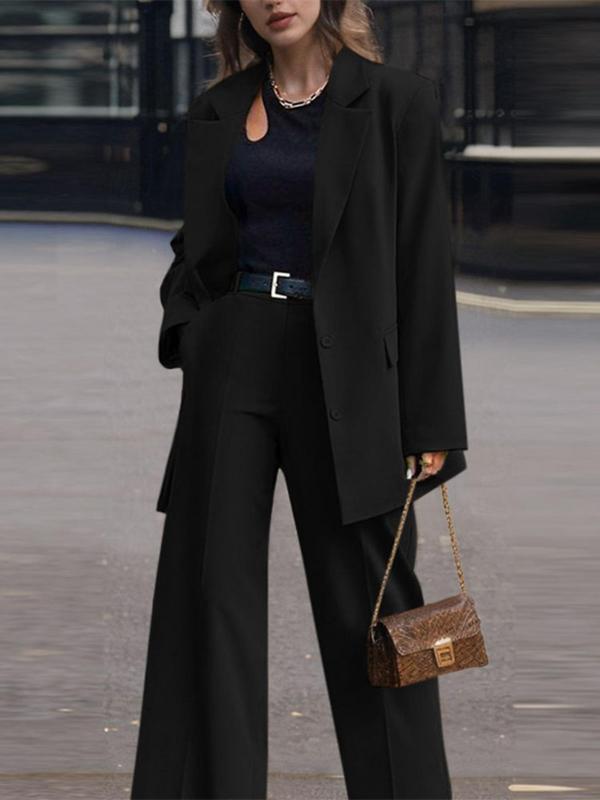 Women's Solid Button Lapel Neck Blazer & Pocket Wide Leg Pants Two-piece Set, Casual Long Sleeve Outerwear & Straight Leg Trousers for Work Office Business, Ladies Fall & Winter Clothes