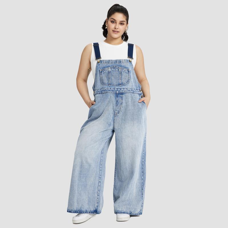 Cider [4 colors, Size 0-26] Denim Pocket Wide Leg Jumpsuit