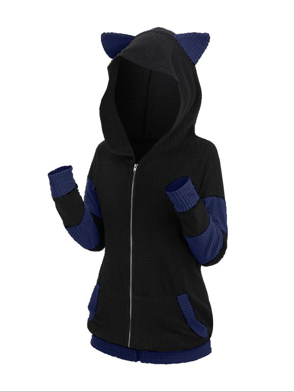  3D Ear Design Colorblock Zipper Hooded Coat, Casual Long Sleeve Pocket Outerwear Jackets for Spring & Fall, Winter Clothes Women, Women's Clothes for Daily Wear