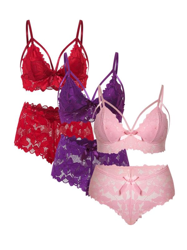  Women's Cut Out Push Up Lace Bra & Bow Front Sheer Panty Set, Back To School Wear, Adjustable Strap Lingerie Set, Soft Comfy Breathable Underwear Set for Women, Women's Clothing, Fall Wear 2024 Sets, Fall Wear, Fallfreshness