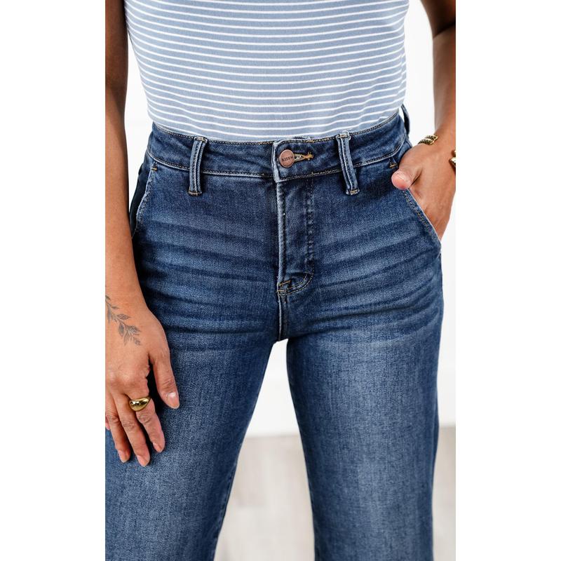 Risen High Rise Dark Wash Tummy Control Wide Leg Cuffed Ankle Jeans