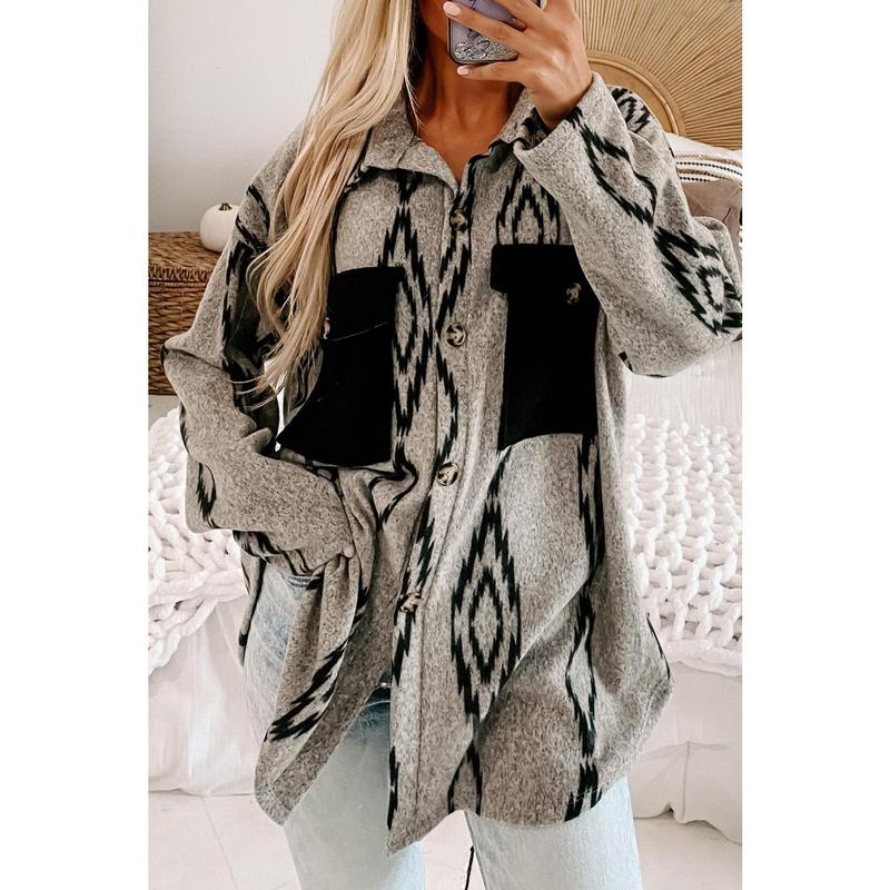 Gray Aztec Contrast Chest Pockets Loose Shacket Womenswear Coats