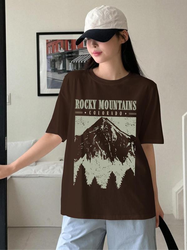 Women's Landscape Print Drop Shoulder Tee, Casual Half Sleeve Round Neck T-shirt for Daily Wear, Ladies Clothes for All Seasons