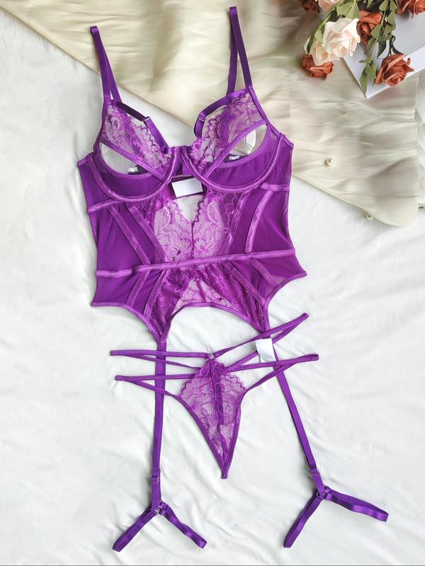 Women's Sexy Lace Bra & Thong Two-piece Set, Solid Color Cut Out Bra & Panty Set, Lingerie Set for Women