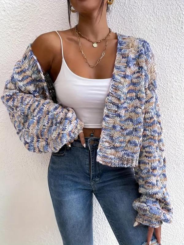 Women's All Over Print Drop Shoulder Knitting Crop Cardigan, Cute Comfort Long Sleeve Open Front Knitwear, Cardigan for Women, Lady Knit Clothing for Daily Wear, Womenswear, Fall Sweaters, Fall Clothes 2024
