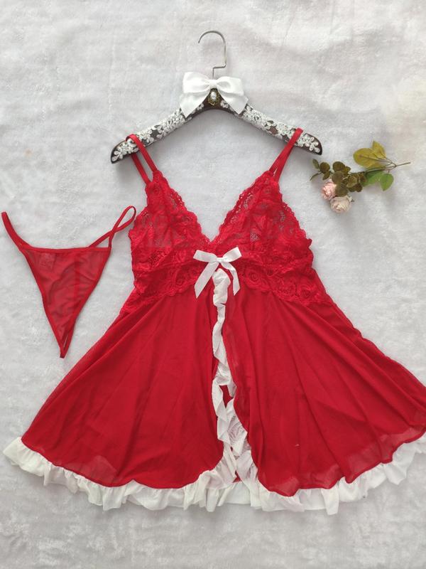 Women's Plain Contrast Lace Cami Nightdress & Thong Sexy Lingerie Set, Breathable Comfortable V Neck Nightgown & Panty Set, Women's Sleepwear for Indoor Wear