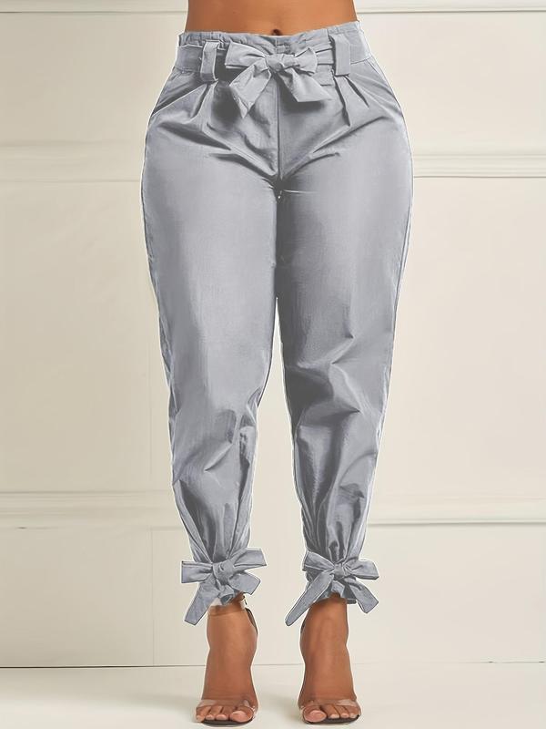 Women's Solid Color Belted Tie Front Carrot Pants, Casual Elastic Waist Trousers for Fall & Winter, Women's Bottoms for Daily Wear