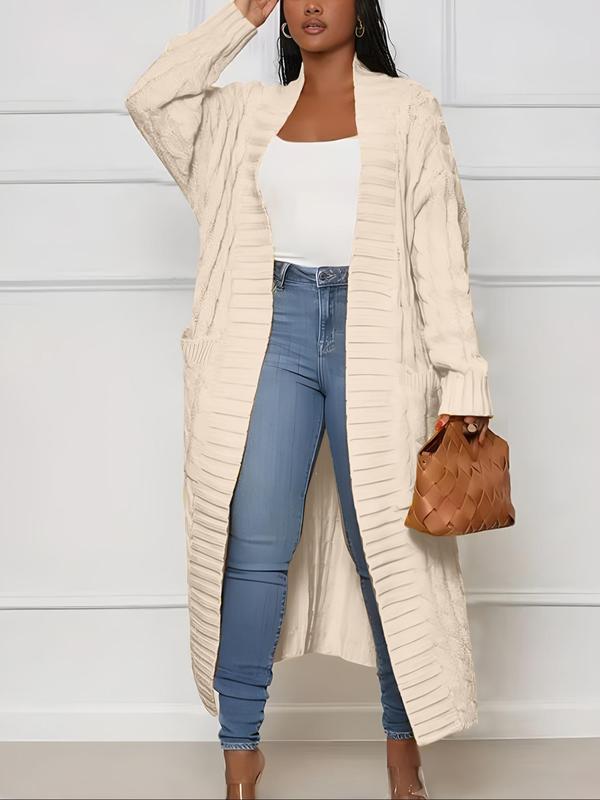  Solid Textured Drop Shoulder Long Cardigan, Casual Long Sleeve Open Front Knitwear for Fall & Winter, Women's Plus Clothing for Daily Wear