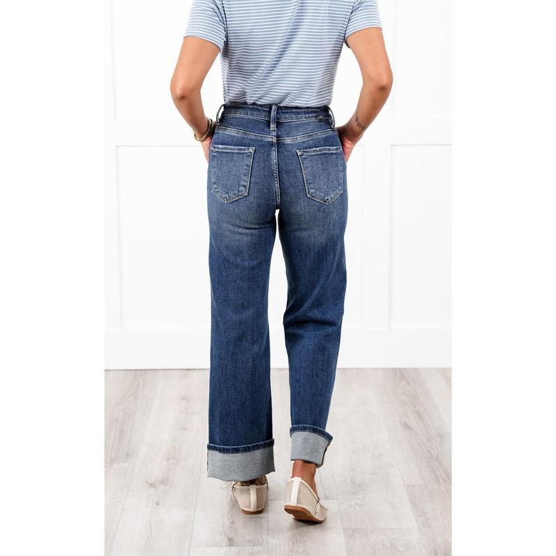 Risen High Rise Dark Wash Tummy Control Wide Leg Cuffed Ankle Jeans