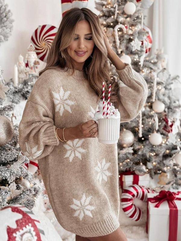 Women's Christmas Snowflake Print Drop Shoulder Sweater, Casual Long Sleeve Round Neck Jumper for Fall & Winter, Ladies' Knitwear for Daily Wear