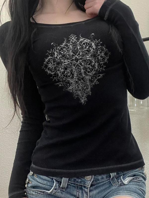 Women's Floral Print Contrast Binding Ribbed Tee, Casual Long Sleeve Round Neck T-shirt for Fall & Winter, Women's Top for Daily Wear
