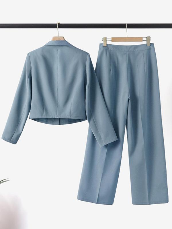 Two-Piece Set Women's Solid Button Front Blazer & Wide Leg Suit Pants, Elegant Lapel Long Sleeve Outerwear & Pocket Trousers for Work Office Business, Ladies Fall & Winter Suit Set