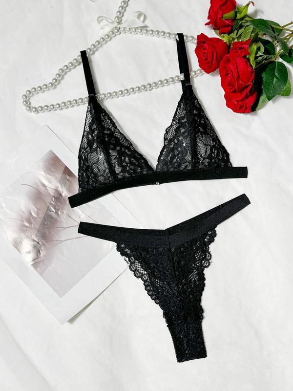  Women's 2pcs Floral Lace Sexy Lingerie Set, Adjustable Strap Bra & Sheer Thong Set, Soft Comfy Breathable Lingerie Set for Women