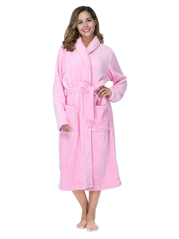 Women's Solid Pocket Belted Wrap Flannel Lounge Robe, Casual Long Sleeve Shawl Collar Dressing Gown, Women's Sleepwear for Winter, Robe for Women, Fall Wear, Fallfreshness