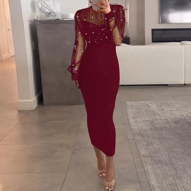 Chicme Sheer Mesh Patch Beaded Bodycon Dress Elegant Casual