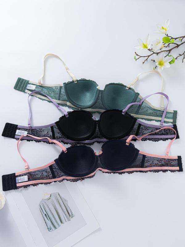 Women's Colorblock Floral Lace Push Up Bra, Soft Comfy Breathable Adjustable Strap Underwire Bra, Lingerie for All Seasons