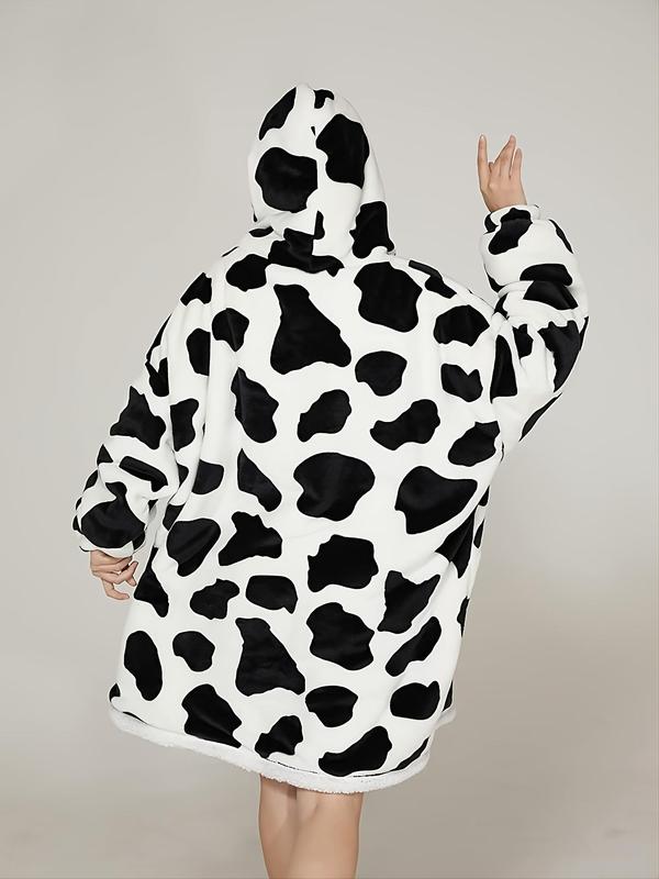  Women's Cow Print Plush Hooded Robe, Cute Pocket Long Sleeve Warm Hooded Pullover Robe, Ladies' TV Blanket Cold-proof Home Clothing Loungewear