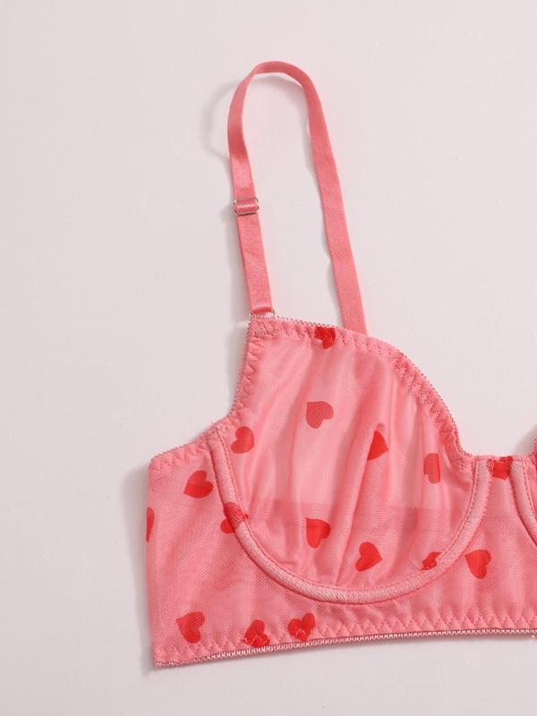Women's 2pcs Heart Print Push Up Bra & Panty Tulle Set, Comfy Breathable Contrast Mesh Underwire Bra & Lingerie Panty, Women's Lingerie & Underwear