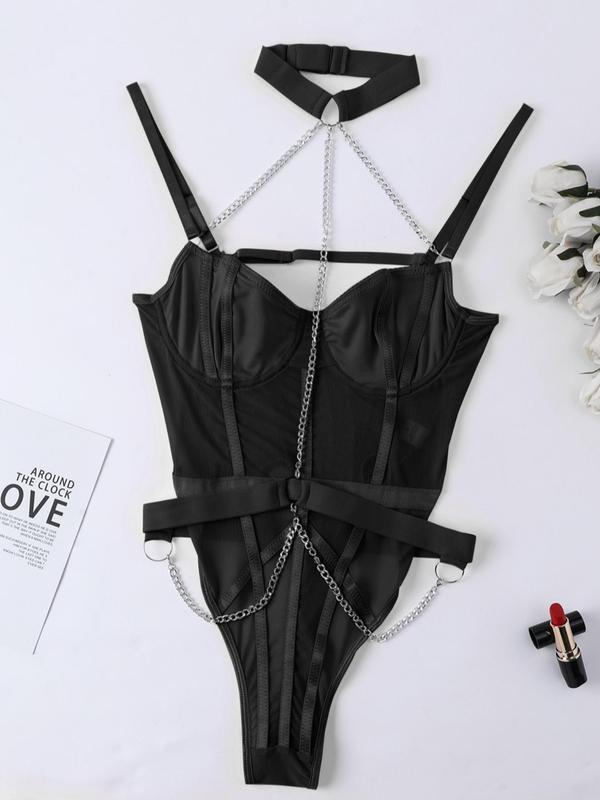 Women's Chain Linked Halter Lingerie Bodysuit, Cut Out Backless Mesh Bodysuit, Romantic Sexy Lingerie for Nightwear