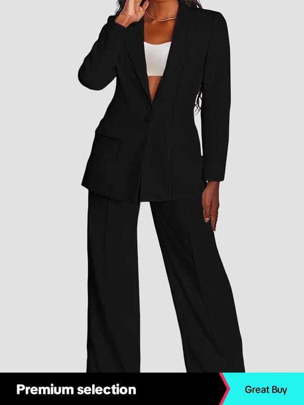  Solid Two-piece Set, Elegant Lapel Neck Button Front Blazer & Straight Leg Pants, Women's Spring & Fall Clothes for Work Office Business, Trendy Outfits 2024, 2 Piece Sets Women, Fall Clothing Women, Plus Size Clothes for Women