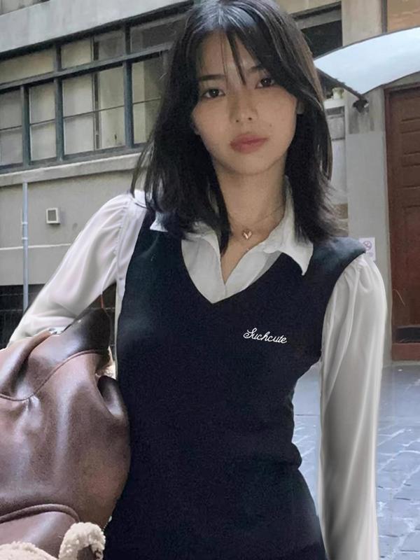 Women's 2 in 1 Letter Embroidery Button Front T-shirt, Preppy Style Long Sleeve Collar Top for Spring & Fall, Women's Clothes for Daily Wear