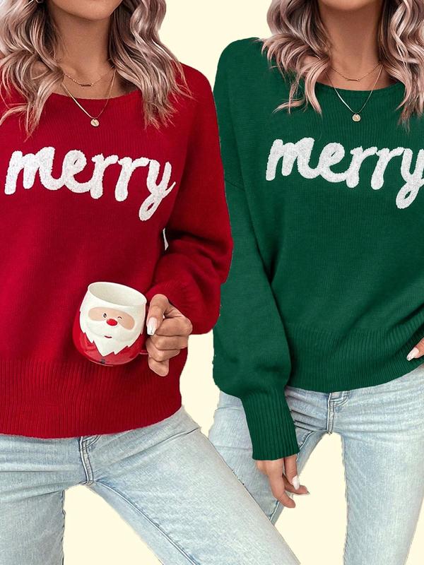 Women's Christmas Letter  Jacquard Drop Shoulder Sweater, Casual Long Sleeve Round Neck Jumper for Daily Wear, Ladies Knitwear for Fall & Winter