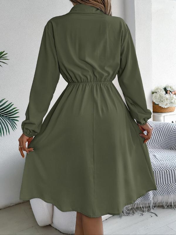 Women's Plain Button Front Drawstring Knot Front Shirt Dress, Elegant Pocket Bishop Sleeve Collared A Line Dress for Spring & Fall, Ladies Clothes for Daily Wear, Fall Outfits, Earthtone Fallfreshness