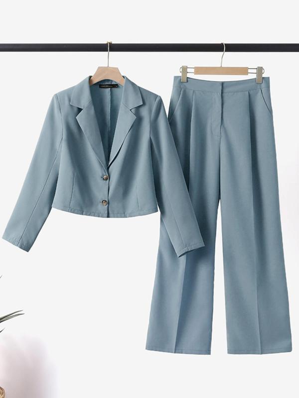 Two-Piece Set Women's Solid Button Front Blazer & Wide Leg Suit Pants, Elegant Lapel Long Sleeve Outerwear & Pocket Trousers for Work Office Business, Ladies Fall & Winter Suit Set