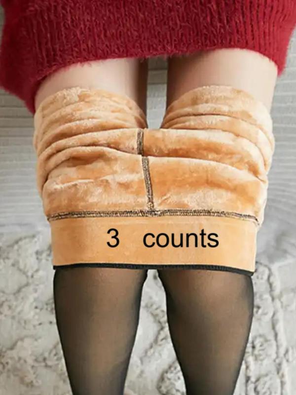 Women's Solid Thermal Lined Fake Translucent Tights, Casual Comfy Warm High Waist Footed Legging Tights for Fall & Winter, Women's Underwear for Daily Wear