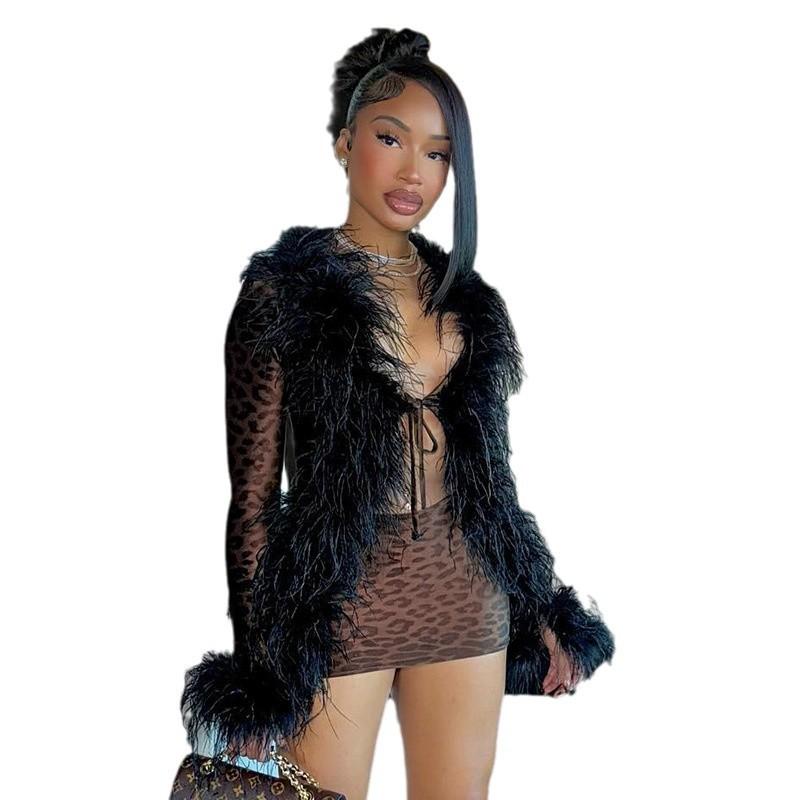 Stylish and sexy new products,  Womenswear  fluffy splicing lace-up cardigan,  top, leopard print skirt set, two-piece set. Long Sleeve Fabric
