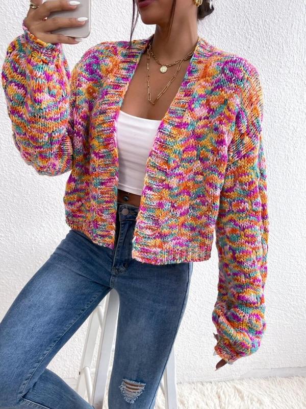 Women's All Over Print Drop Shoulder Knitting Crop Cardigan, Cute Comfort Long Sleeve Open Front Knitwear, Cardigan for Women, Lady Knit Clothing for Daily Wear, Womenswear, Fall Sweaters, Fall Clothes 2024