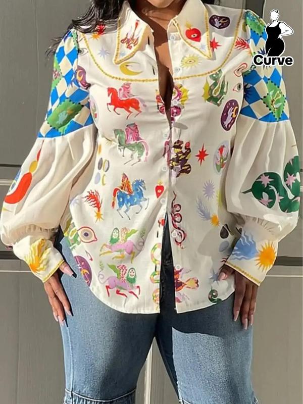  Galaxy & Animal Print Button Front Shirt, Retro Lantern Sleeve Collared Top, Fall Clothing, Going Out Tops, Plus Size Clothes, Gift Set for Women, Women's Plus Clothes for Daily Wear